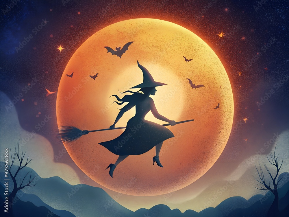 Black silhouette of a witch flying on a broomstick with a full moon in the background | Halloween concept, banner, poster | Halloween night moon witch silhouette decoration Black silhouette of a witch flying on a broomstick with a full moon in the background | Halloween concept, banner, poster | Halloween night moon witch silhouette decoration