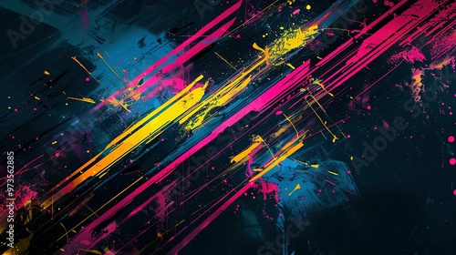 Abstract Artwork with Bright Pink, Yellow, and Blue Strokes and Splatter