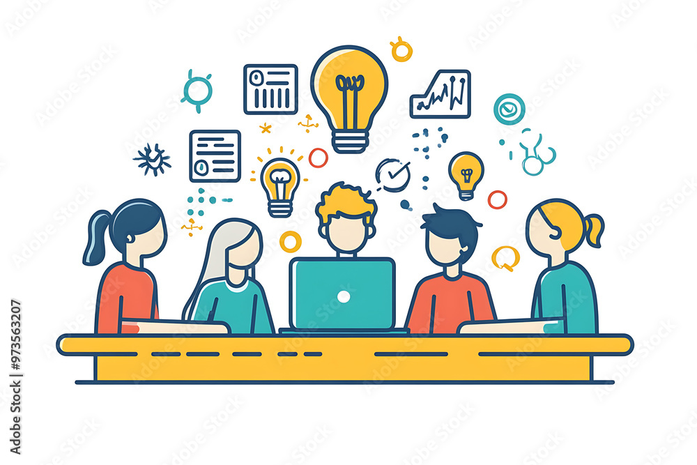 A group of people gathered around a table, engaged in a discussion about innovative ideas, with a laptop at the center. The scene highlights teamwork, collaboration, and creativity and ideas A group of people gathered around a table, engaged in a discussion about innovative ideas, with a laptop at the center. The scene highlights teamwork, collaboration, and creativity and ideas