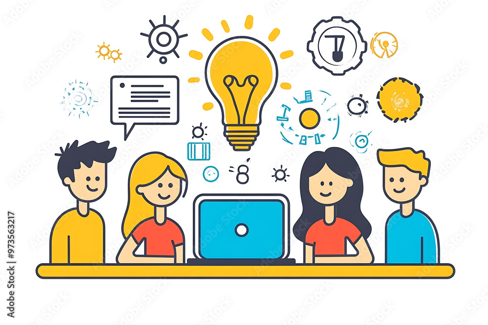 A group of people gathered around a table, engaged in a discussion about innovative ideas, with a laptop at the center. The scene highlights teamwork, collaboration, and creativity and ideas