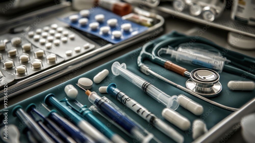 Close-up of medical equipment on a blue surface including a stethoscope, syringes and pills. Close-up of medical equipment on a blue surface including a stethoscope, syringes and pills.