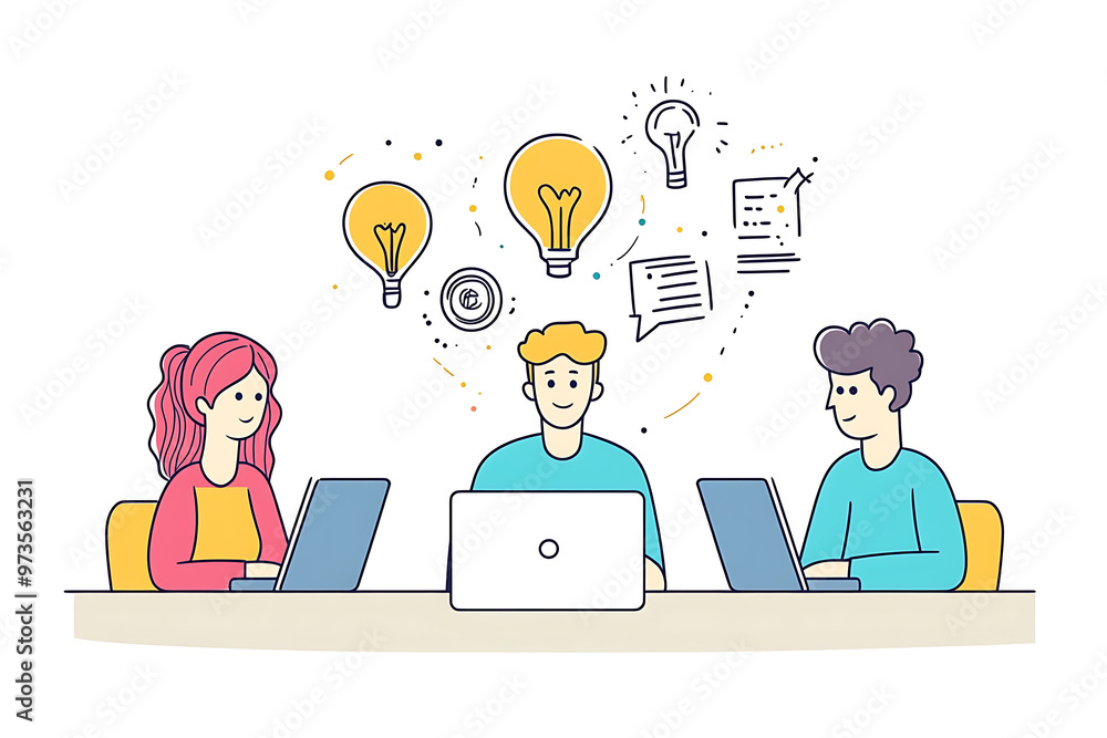 A group of people gathered around a table, engaged in a discussion about innovative ideas, with a laptop at the center. The scene highlights teamwork, collaboration, and creativity and ideas A group of people gathered around a table, engaged in a discussion about innovative ideas, with a laptop at the center. The scene highlights teamwork, collaboration, and creativity and ideas