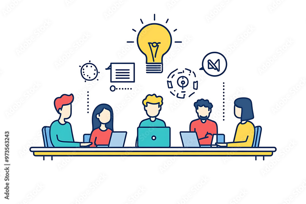 A group of people gathered around a table, engaged in a discussion about innovative ideas, with a laptop at the center. The scene highlights teamwork, collaboration, and creativity and ideas A group of people gathered around a table, engaged in a discussion about innovative ideas, with a laptop at the center. The scene highlights teamwork, collaboration, and creativity and ideas