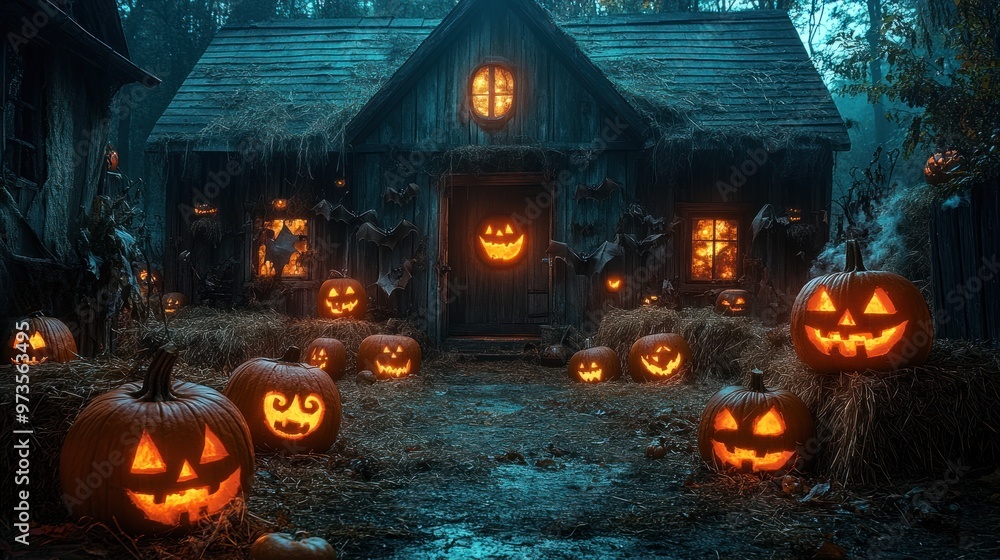 Spooky Halloween scene with carved pumpkins and a rustic cabin. Spooky Halloween scene with carved pumpkins and a rustic cabin.