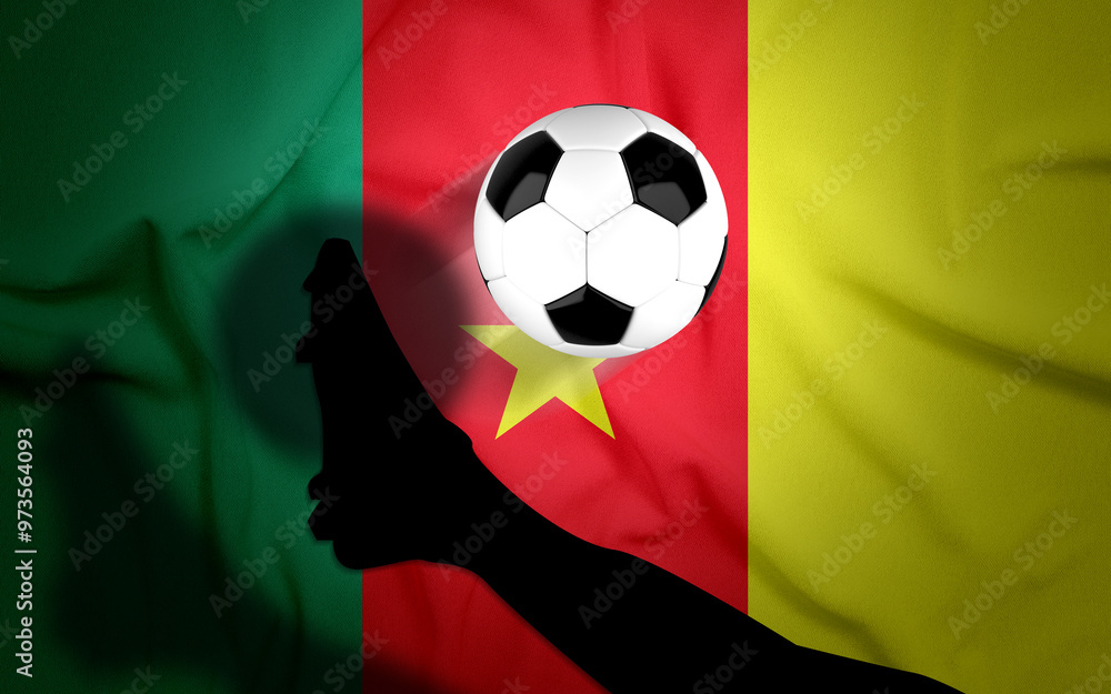 Naklejka premium Cameroon National Flag with Football. Football Isolated on Cameroon Flag Background with Kick. Soccer, Football Championship, Vector, Isolated, Background