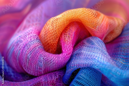 Colorful intertwined fabric background showcasing vibrant hues of purple, orange, and blue