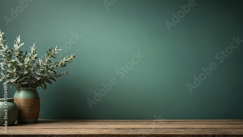 Sage green wall and wood table with houseplant background photo