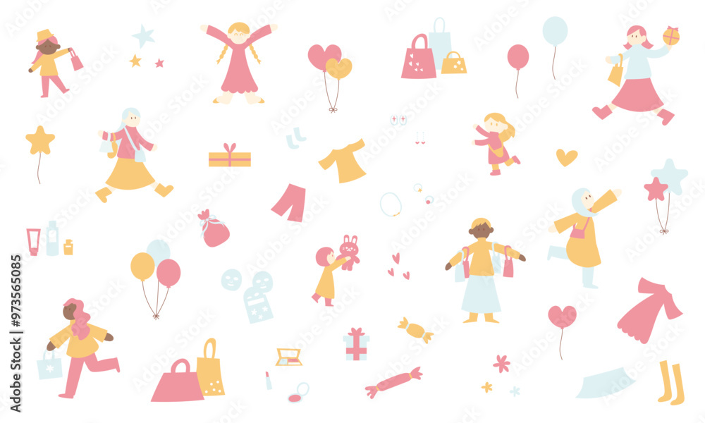 Fototapeta premium 人物とショッピングのイラストセット