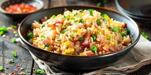 Tempting side perspective of a flavorful bowl of homemade fried rice featuring bacon and eggs.