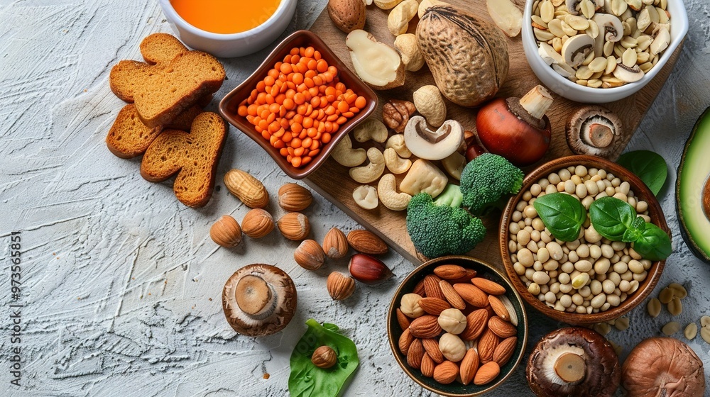Assortment of Nuts, Legumes, and Vegetables on a Grey Background Assortment of Nuts, Legumes, and Vegetables on a Grey Background