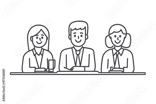 A group of people in suits sits at a table engaged in a discussion about team building. The flat art style emphasizes collaboration and professional teamwork