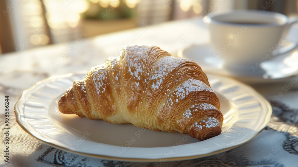 Freshly baked croissant dusted with powdered sugar on a table Freshly baked croissant dusted with powdered sugar on a table