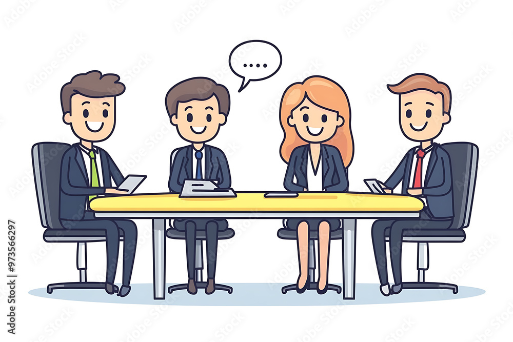 A group of people in suits sits at a table engaged in a discussion about team building. The flat art style emphasizes collaboration and professional teamwork A group of people in suits sits at a table engaged in a discussion about team building. The flat art style emphasizes collaboration and professional teamwork