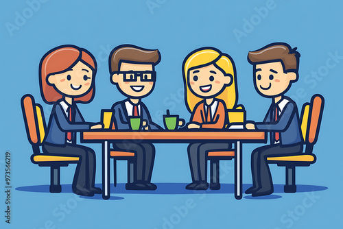 A group of people in suits sits at a table engaged in a discussion about team building. The flat art style emphasizes collaboration and professional teamwork