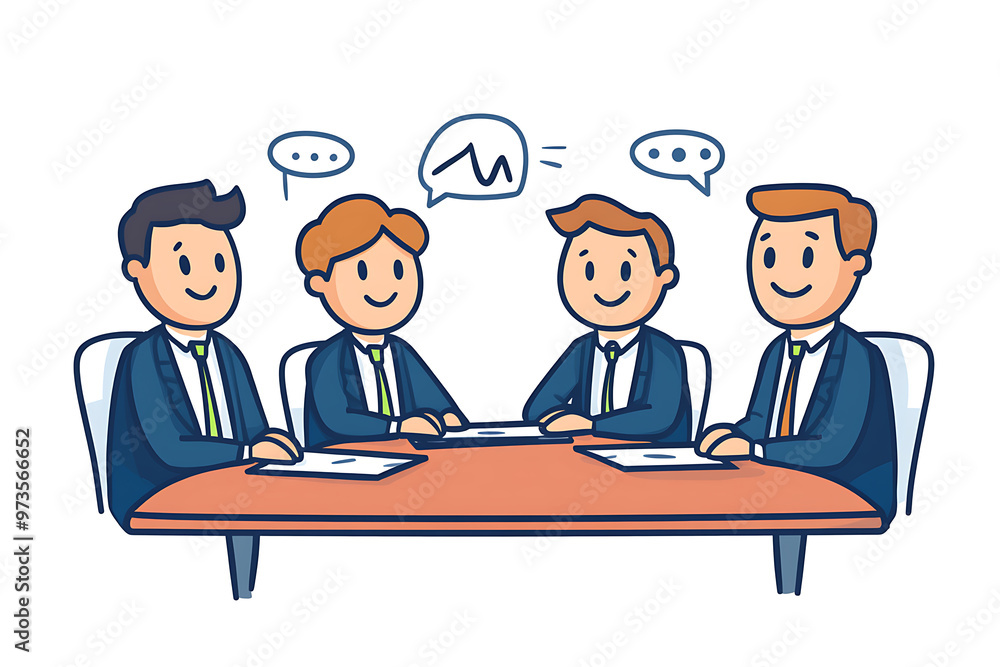 A group of people in suits sits at a table engaged in a discussion about team building. The flat art style emphasizes collaboration and professional teamwork A group of people in suits sits at a table engaged in a discussion about team building. The flat art style emphasizes collaboration and professional teamwork