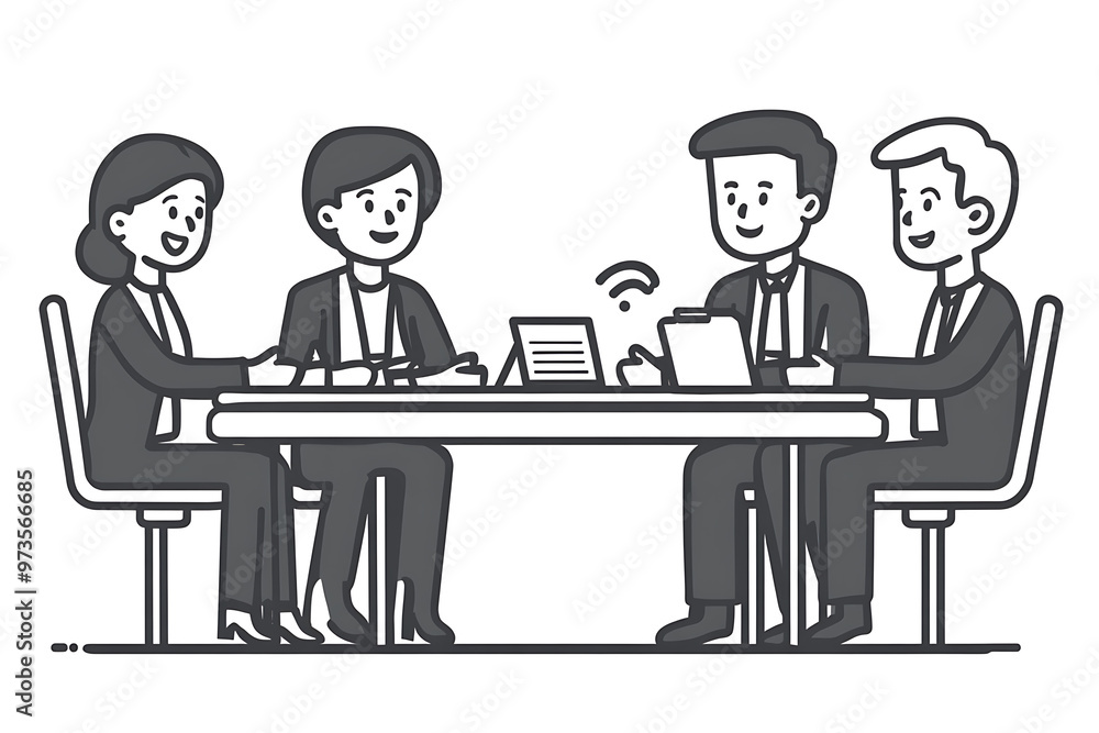 A group of people in suits sits at a table engaged in a discussion about team building. The flat art style emphasizes collaboration and professional teamwork A group of people in suits sits at a table engaged in a discussion about team building. The flat art style emphasizes collaboration and professional teamwork