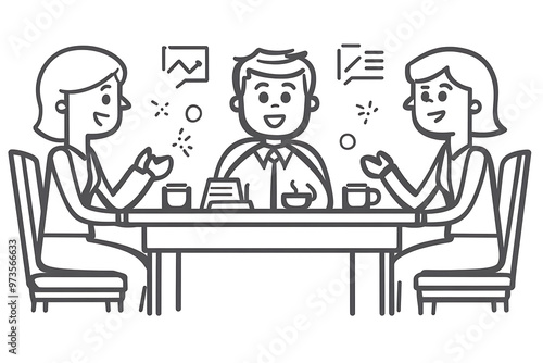 A group of people in suits sits at a table engaged in a discussion about team building. The flat art style emphasizes collaboration and professional teamwork