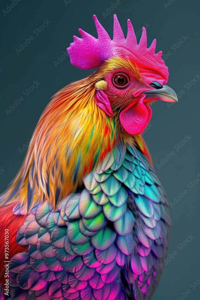 Fototapeta premium Radiant rainbow-colored rooster with vibrant feathers