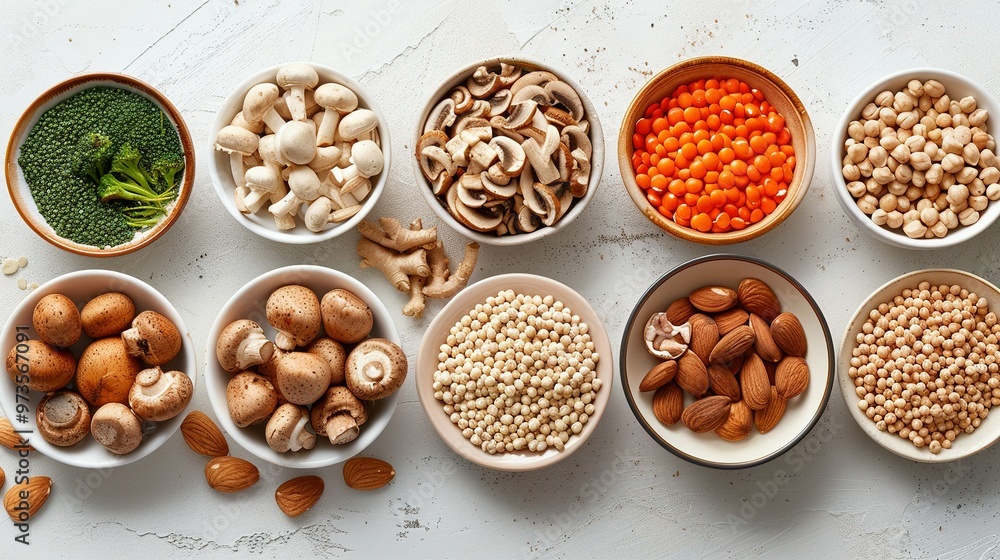 Assorted Raw Ingredients in White Bowls on White Background Assorted Raw Ingredients in White Bowls on White Background