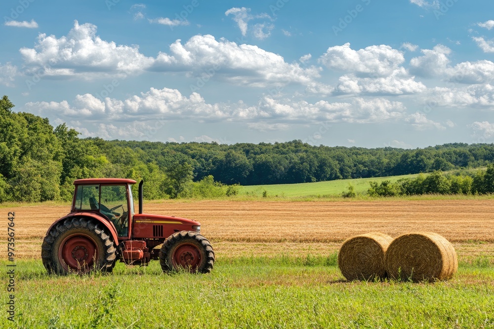 Red tractor parked in field. Perfect for illustrating agriculture, farming, or rural life. Red tractor parked in field. Perfect for illustrating agriculture, farming, or rural life.