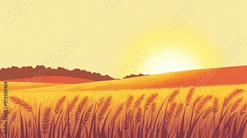 Serene Golden Wheat Field at Sunset - Minimal Flat Design Illustration