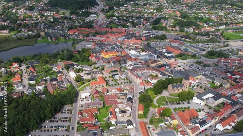 An aerial panorama around the old town of the city Hobro on a sunny summer day in Denmark photo