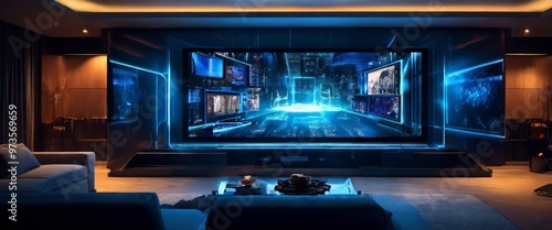 An ultra-modern home theater featuring a massive digital screen displaying a futuristic interface. The dark, luxurious setting enhances the immersive viewing experience, perfect for tech enthusiasts