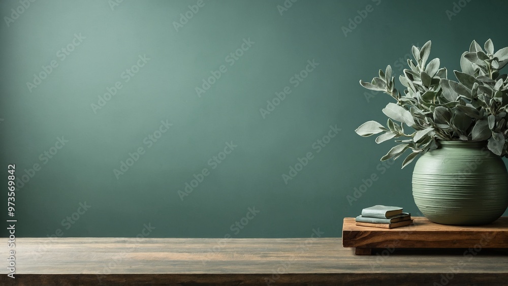Sage green wall and wood table with potted houseplant background Sage green wall and wood table with potted houseplant background