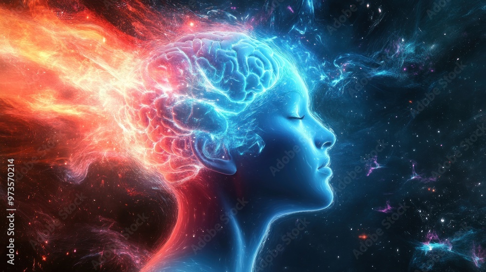 A human head with a glowing brain in a cosmic scene, representing the concept of consciousness, energy, and the power of the mind. A human head with a glowing brain in a cosmic scene, representing the concept of consciousness, energy, and the power of the mind.