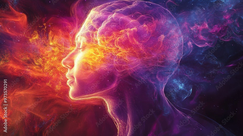 Abstract portrait of a woman's face made of light and swirling energy, set against a dark background with stars. Abstract portrait of a woman's face made of light and swirling energy, set against a dark background with stars.