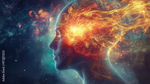 Abstract profile of a head engulfed in flames and light against a galaxy background.