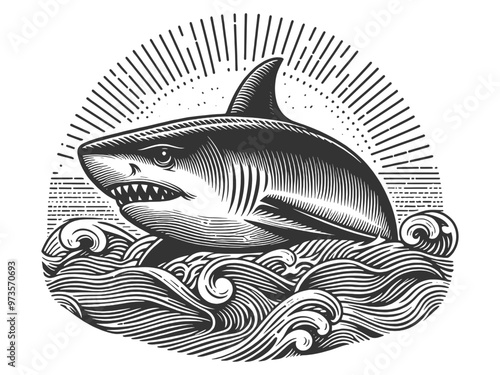 fierce shark emerging from stylized ocean waves, surrounded by sun rays in a bold design sketch engraving generative ai vector illustration. Scratch board imitation. Black and white image.