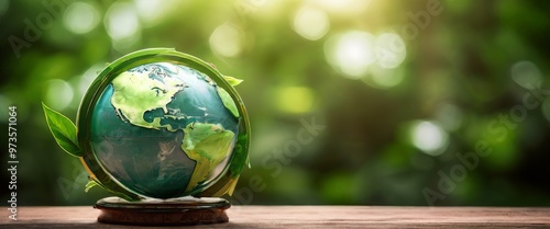 A globe encircled by green leaves placed on a wooden surface, set against a blurred natural background. This image symbolizes environmental conservation, global responsibility, and the beauty of