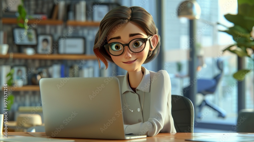 Smiling cartoon woman with glasses works on her laptop in a modern office. Smiling cartoon woman with glasses works on her laptop in a modern office.