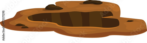 Large, gaping hole in the ground, revealing layers of brown soil, posing a hazard