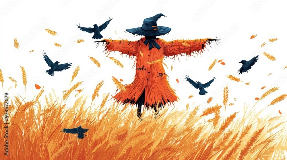 Fototapeta premium Whimsical Harvest: Scarecrow in a Vibrant Field of Crows and Wheat - Vector Illustration