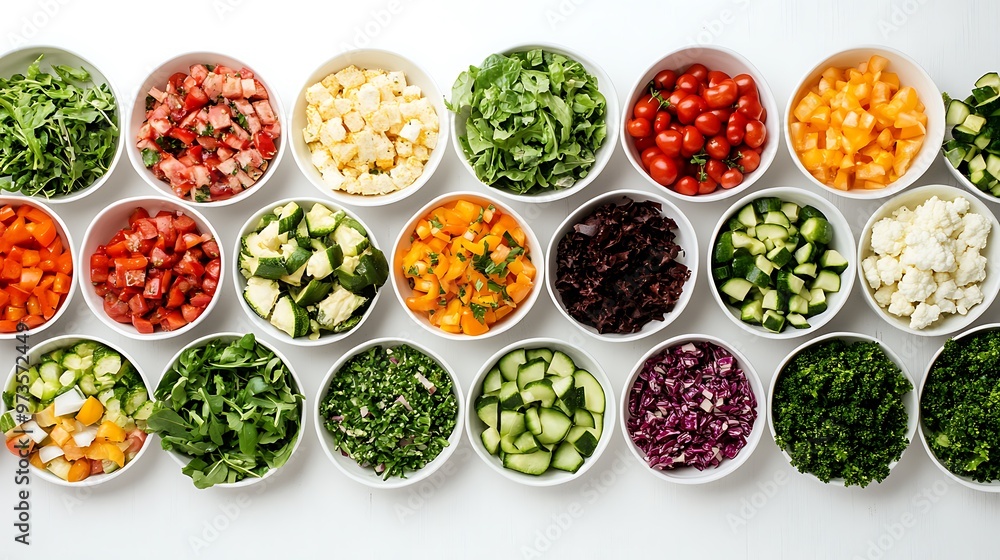 A neatly organized salad bar with a variety of fresh vegetables, dressings, and toppings, displayed on a white background with vivid colors and sharp textures A neatly organized salad bar with a variety of fresh vegetables, dressings, and toppings, displayed on a white background with vivid colors and sharp textures