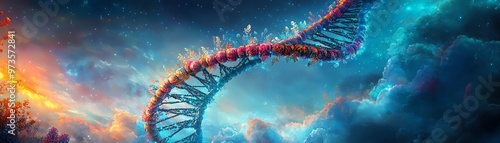 Side view of a vibrant fantasy world astride a colossal DNA helix photo