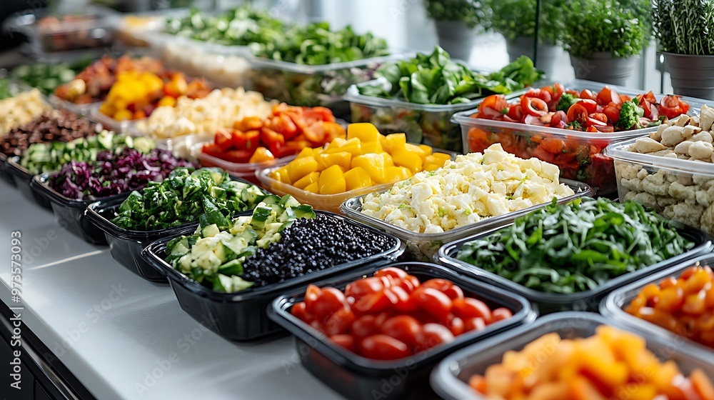A wide-angle shot of a well-organized salad bar on a white surface, featuring an assortment of fresh, colorful produce and salad toppings with crisp, clear detail A wide-angle shot of a well-organized salad bar on a white surface, featuring an assortment of fresh, colorful produce and salad toppings with crisp, clear detail