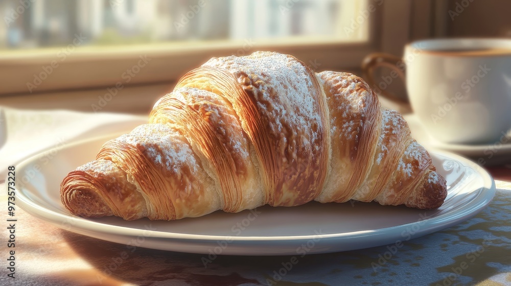 Delicious golden croissant dusted with powdered sugar on a plate Delicious golden croissant dusted with powdered sugar on a plate