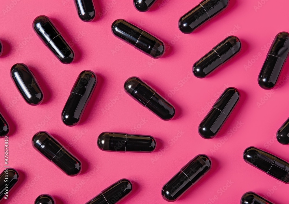 black capsules, dietary supplements, healthcare concept, scattered on pink background, minimalistic design, vibrant color contrast, modern aesthetics, suitable for wellness and pharmacy imagery black capsules, dietary supplements, healthcare concept, scattered on pink background, minimalistic design, vibrant color contrast, modern aesthetics, suitable for wellness and pharmacy imagery