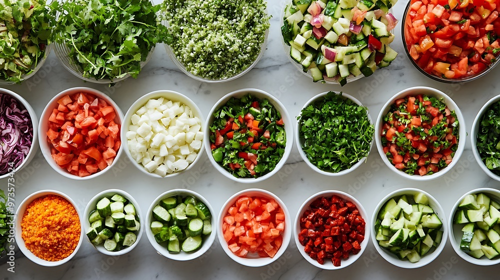 Close-up of a salad bar with fresh ingredients meticulously arranged on a white background, highlighting the textures and details of each food item Close-up of a salad bar with fresh ingredients meticulously arranged on a white background, highlighting the textures and details of each food item