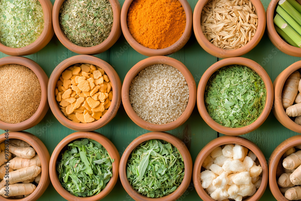 Colorful display of various spices and herbs in terracotta bowls Colorful display of various spices and herbs in terracotta bowls