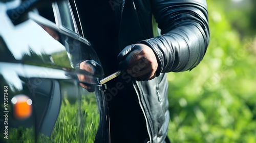 A person in a black leather jacket attempting to unlock a car door using a slim tool in an outdoor setting.