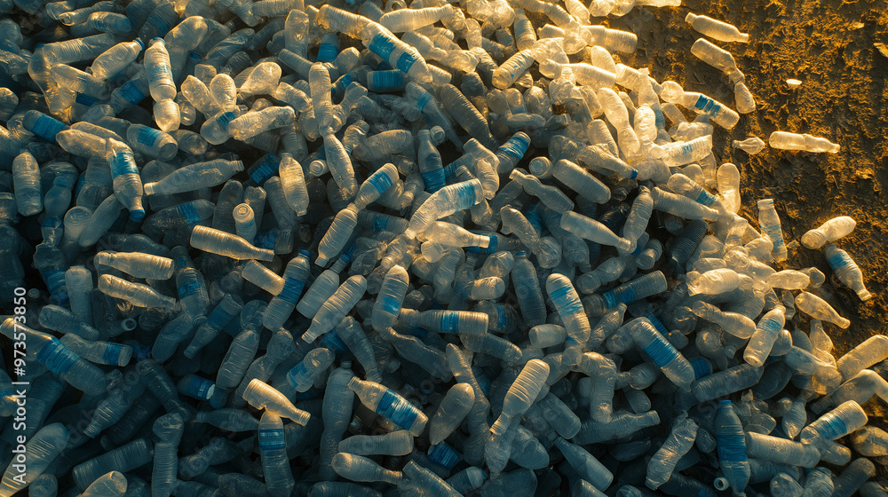 Pile of plastic bottles polluting sandy beach environment