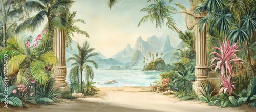 Tropical landscape mural featuring architectural elements and decorative wallpaper designs photo