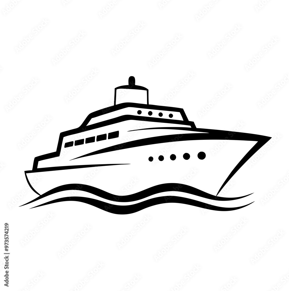 Cruise Ship on Waves in Black and White Vector Illustration Cruise Ship on Waves in Black and White Vector Illustration