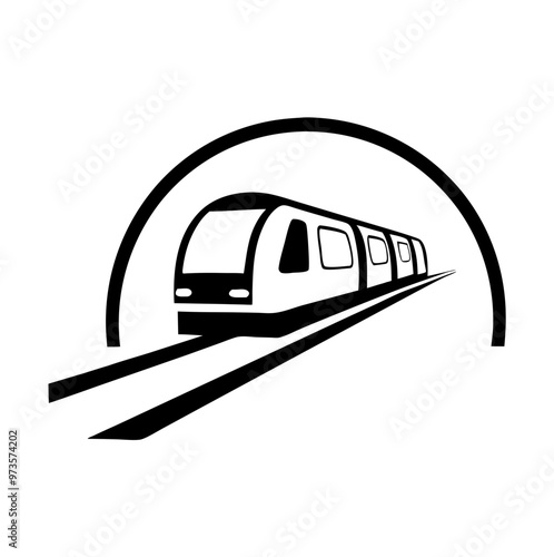 Subway Train in Tunnel in Black and White Vector Illustration