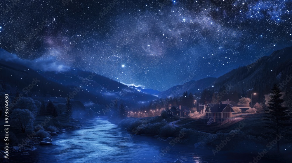Fototapeta premium Night sky filled with stars over a quiet village by the river.
