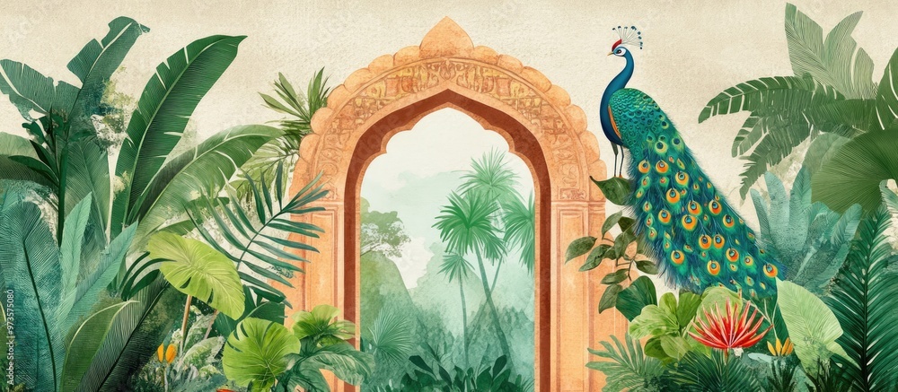 Naklejka premium Illustration of a Mughal garden arch featuring plants and peacock designs ideal for tropical jungle wallpaper and leaf patterns complemented by crowned crane imagery